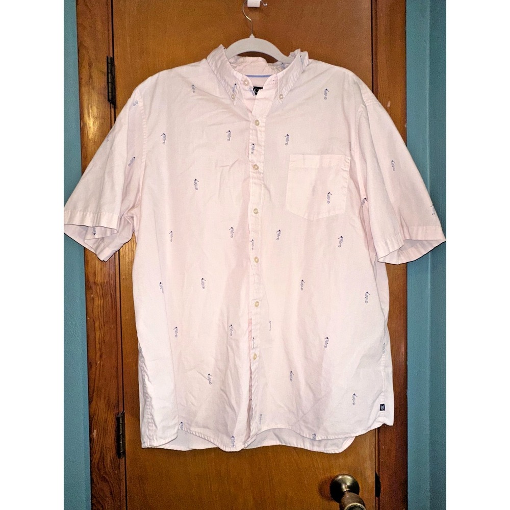 Mens Chaps Easy Care 2XL Pink With Seahorses Short Sleeve Button Down